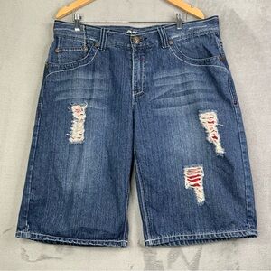 Affliction Blue Distressed Denim Shorts with Red Patch Accents